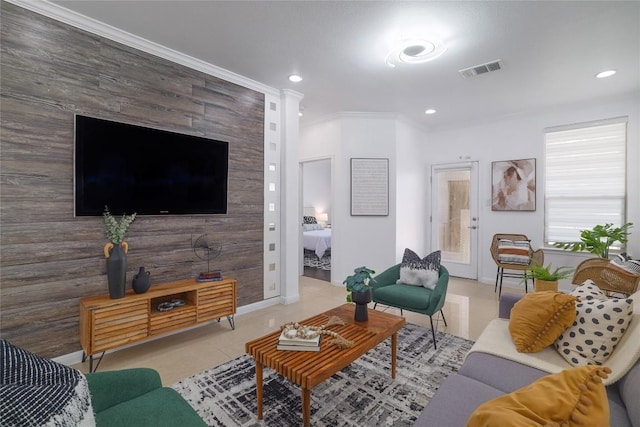 7300 Colina Vis Unit B, Austin, TX 78750 - tiled living room featuring crown molding, recessed lighting, and baseboards