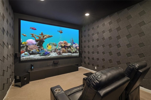 carpeted home theater room featuring recessed lighting and baseboards