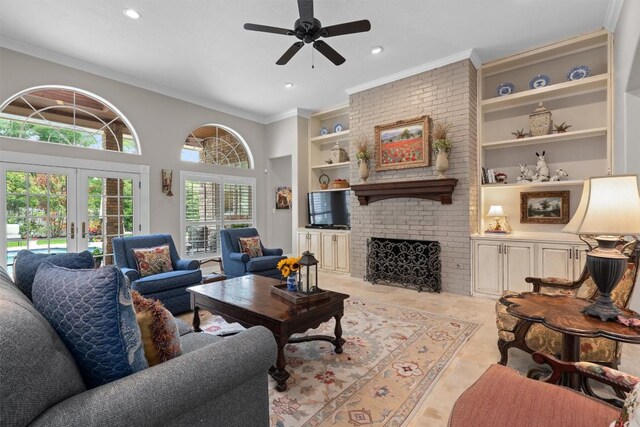 1901 Plantation Ct, Round Rock, TX 78681 - living area with french doors, a ceiling fan, recessed lighting, built in shelves, and crown molding