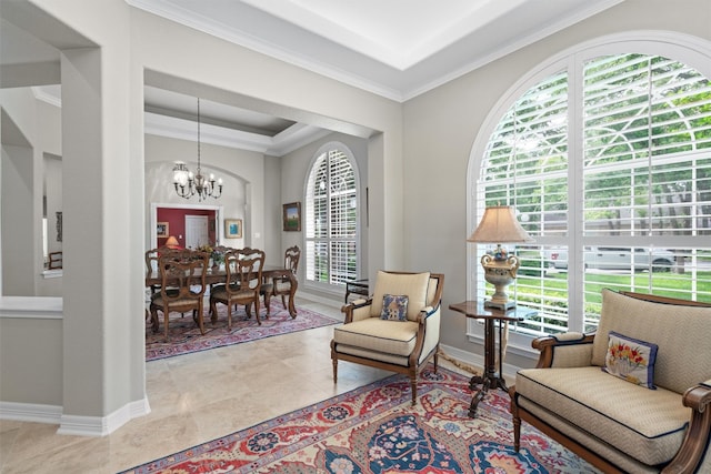 1901 Plantation Ct, Round Rock, TX 78681 - living area with a chandelier, a tray ceiling, ornamental molding, baseboards, and light tile patterned floors