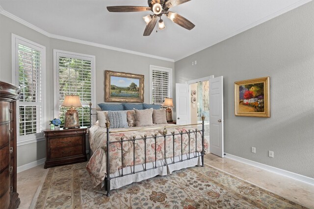 1901 Plantation Ct, Round Rock, TX 78681 - bedroom featuring crown molding, baseboards, and ceiling fan