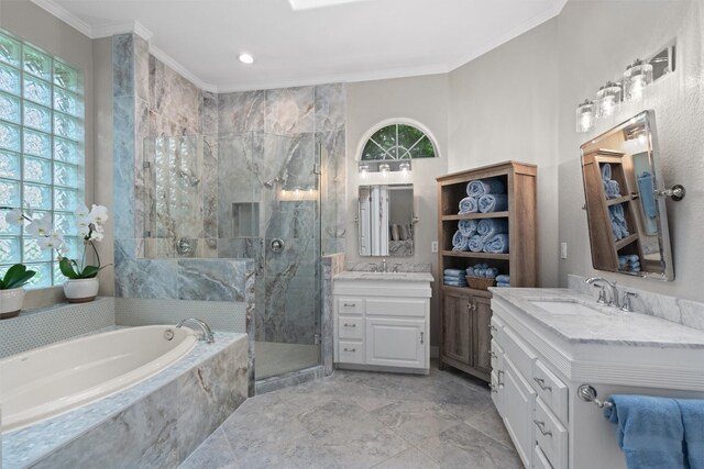 1901 Plantation Ct, Round Rock, TX 78681 - bathroom featuring a marble finish shower, a garden tub, two vanities, and ornamental molding