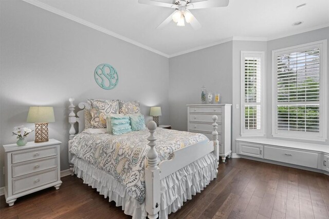 1901 Plantation Ct, Round Rock, TX 78681 - bedroom featuring dark wood-style flooring, ornamental molding, baseboards, and ceiling fan