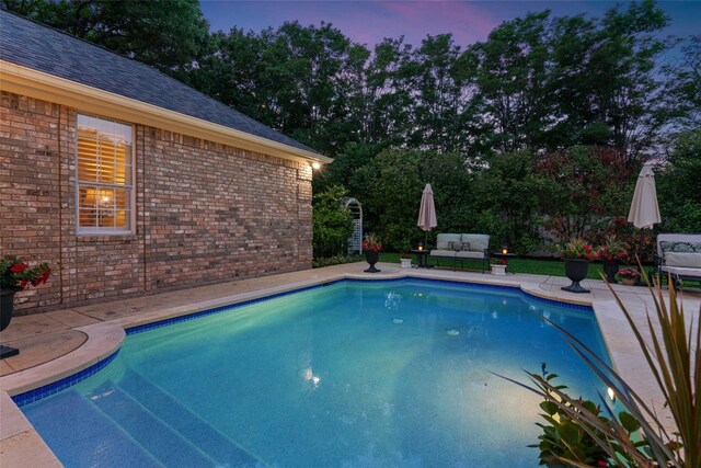 1901 Plantation Ct, Round Rock, TX 78681 - pool at dusk featuring an outdoor pool, an outdoor hangout area, and a patio