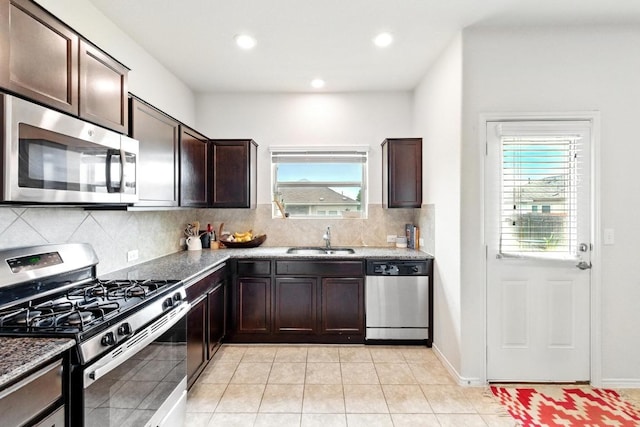 kitchen featuring dark brown cabinets, a sink, stainless steel appliances, recessed lighting, and decorative backsplash