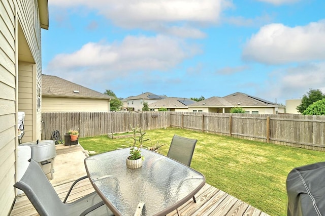 view of yard featuring a fenced backyard, a patio, outdoor dining area, and a residential view
