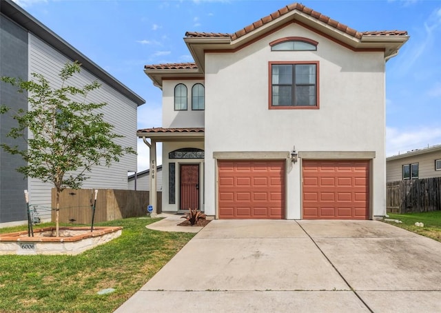 6006 Seville Dr, Austin, TX 78724 - mediterranean / spanish house with a tile roof, fence, a front lawn, concrete driveway, and an attached garage