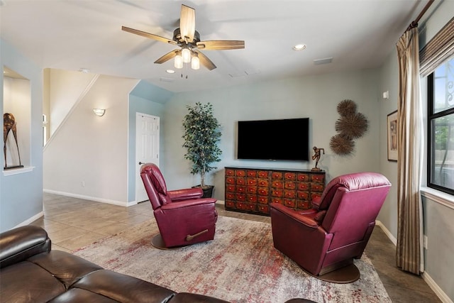 6006 Seville Dr, Austin, TX 78724 - tiled living area featuring recessed lighting, ceiling fan, and baseboards