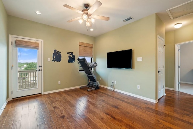 6006 Seville Dr, Austin, TX 78724 - workout area with plenty of natural light, ceiling fan, wood-type flooring, and recessed lighting