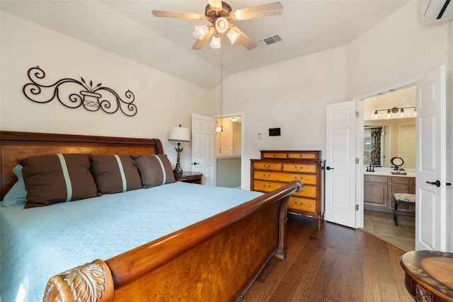 6006 Seville Dr, Austin, TX 78724 - bedroom featuring a wall mounted air conditioner, dark wood-type flooring, high vaulted ceiling, ensuite bathroom, and ceiling fan