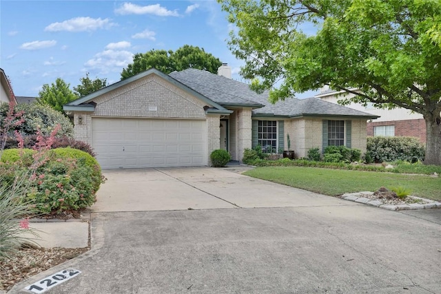 1202 Stepp Bnd, Cedar Park, TX 78613 - ranch-style home with an attached garage, brick siding, concrete driveway, a front lawn, and a chimney