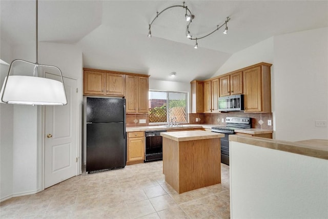 1202 Stepp Bnd, Cedar Park, TX 78613 - kitchen with black appliances, lofted ceiling, light countertops, backsplash, and a center island