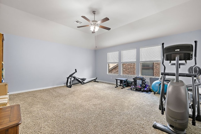 workout room featuring a ceiling fan, baseboards, visible vents, and carpet