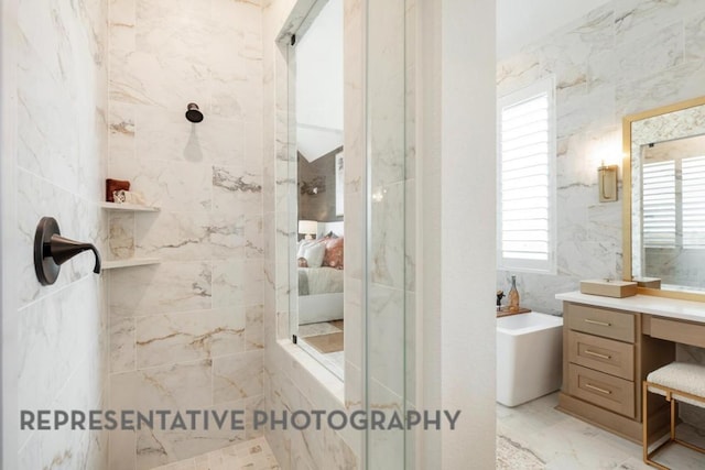 ensuite bathroom featuring a walk in shower, plenty of natural light, and a soaking tub