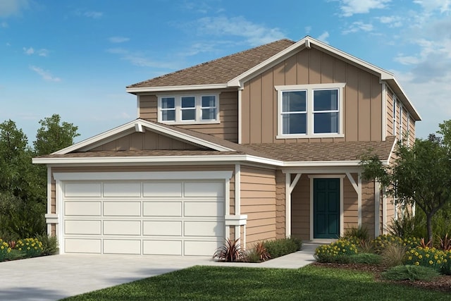 view of front of home with a shingled roof, board and batten siding, and driveway