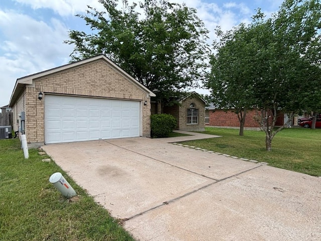 ranch-style home with a front lawn, brick siding, a garage, central AC unit, and concrete driveway