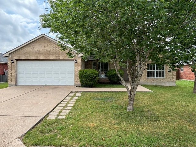 obstructed view of property with brick siding, central AC, a front lawn, concrete driveway, and an attached garage