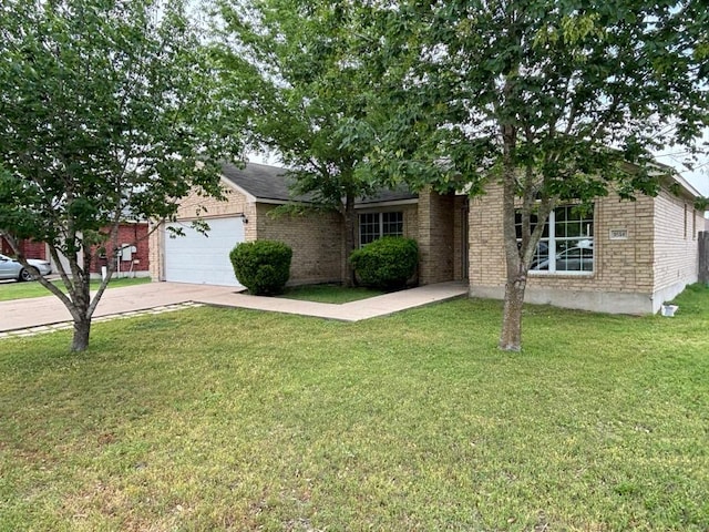 single story home with a garage, driveway, a front lawn, and brick siding