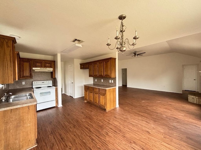kitchen with visible vents, open floor plan, white electric range oven, under cabinet range hood, and a sink