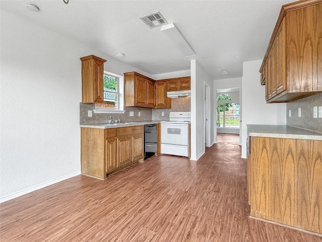 1614 Prickly Pear St, Lockhart, TX 78644 - kitchen with electric range, under cabinet range hood, light wood finished floors, dishwasher, and light countertops
