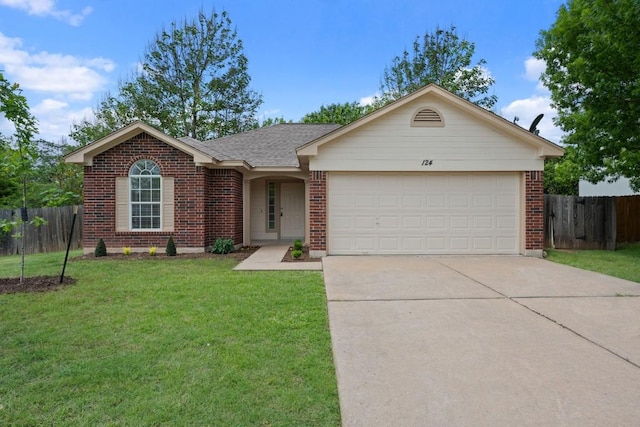 single story home with a front yard, brick siding, fence, concrete driveway, and an attached garage