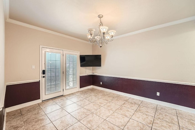 404 Scarlet Maple Dr, Cedar Park, TX 78613 - unfurnished dining area with baseboards, ornamental molding, light tile patterned flooring, and a chandelier
