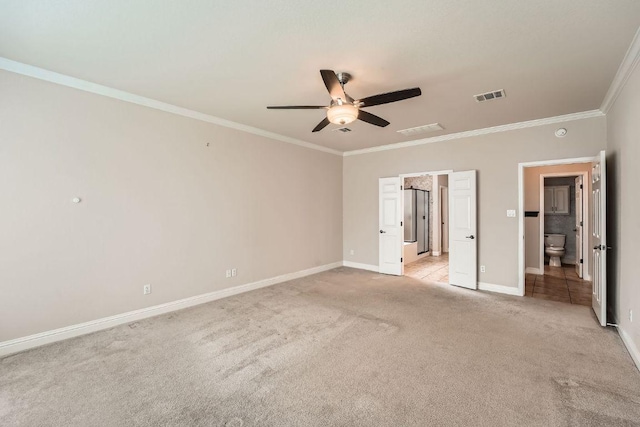 404 Scarlet Maple Dr, Cedar Park, TX 78613 - unfurnished bedroom with crown molding, ceiling fan, light carpet, baseboards, and visible vents