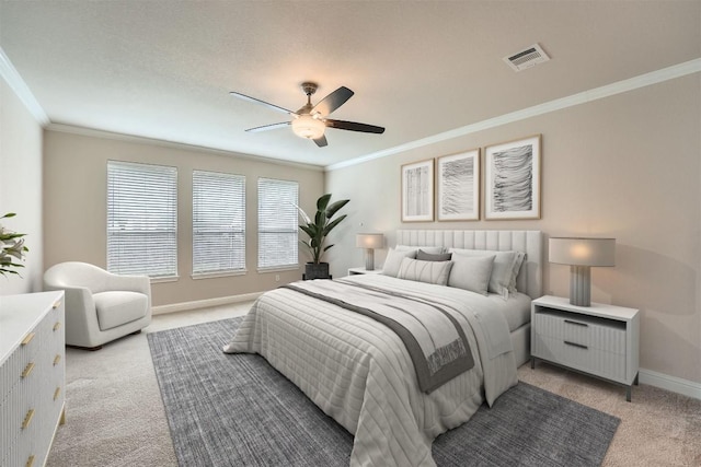 404 Scarlet Maple Dr, Cedar Park, TX 78613 - bedroom featuring crown molding, light carpet, a ceiling fan, baseboards, and visible vents