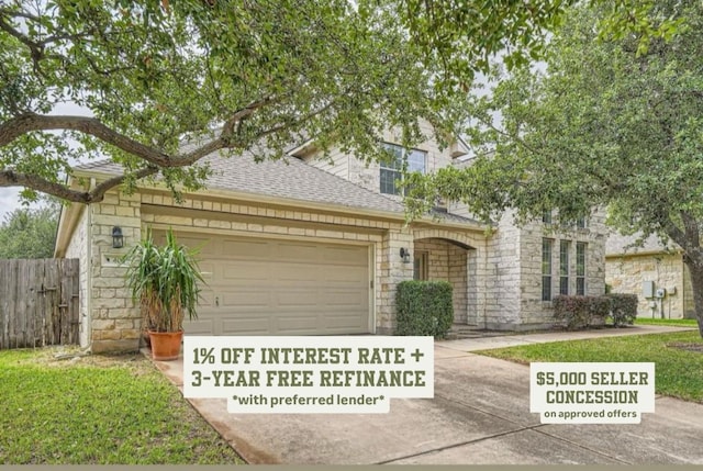 404 Scarlet Maple Dr, Cedar Park, TX 78613 - view of front of house featuring stone siding, an attached garage, a shingled roof, and concrete driveway