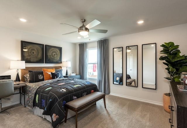 bedroom featuring recessed lighting, a ceiling fan, baseboards, and light carpet