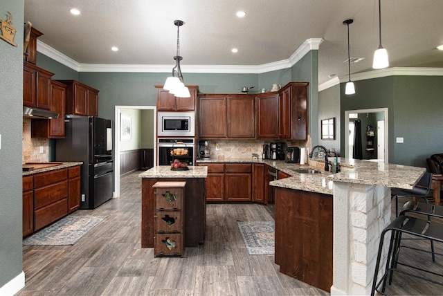 1066 Vista Dr, Salado, TX 76571 - kitchen featuring appliances with stainless steel finishes, a sink, a peninsula, under cabinet range hood, and light stone counters