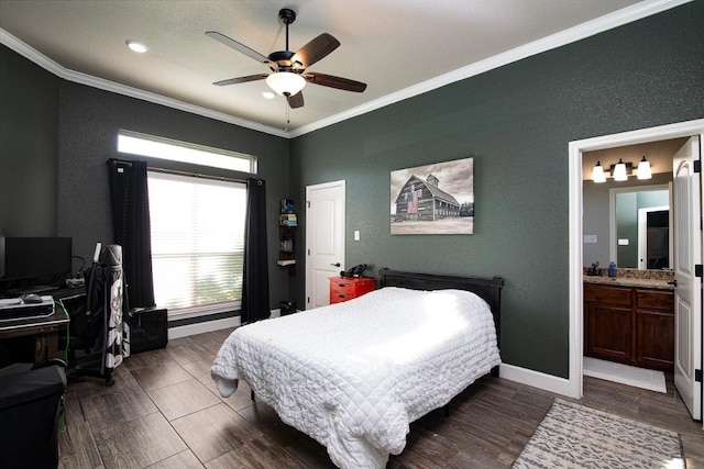 1066 Vista Dr, Salado, TX 76571 - bedroom with crown molding, baseboards, an office area, dark wood-style floors, and a ceiling fan