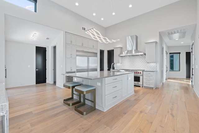 kitchen featuring wall chimney range hood, high quality appliances, light wood-style floors, tasteful backsplash, and a center island with sink
