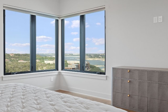 bedroom featuring baseboards, a water view, and wood finished floors