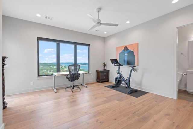 office area with ceiling fan, visible vents, baseboards, recessed lighting, and light wood-style flooring