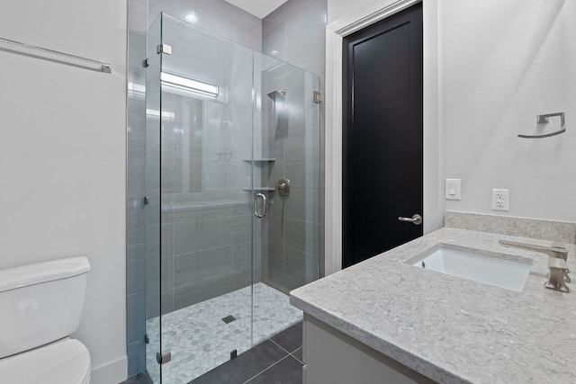 18304 Cedar Sage Ct, Lago Vista, TX 78645 - full bathroom with vanity, tile patterned floors, a stall shower, and toilet