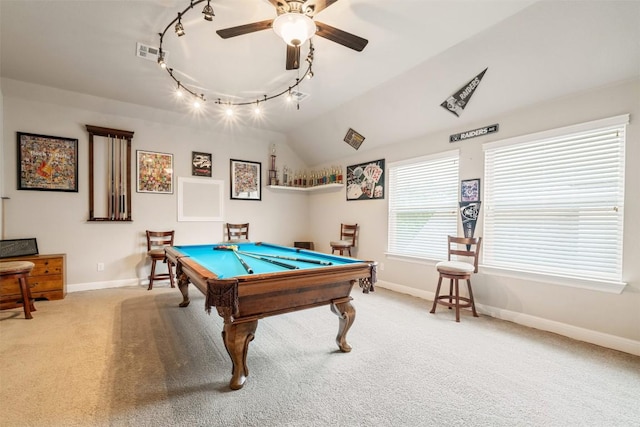 2917 Windy Vane Dr, Pflugerville, TX 78660 - playroom with billiards table, baseboards, carpet, track lighting, and ceiling fan