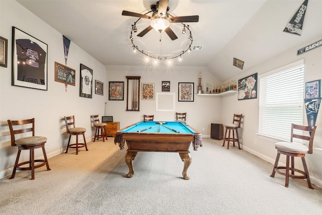 playroom featuring carpet floors, a ceiling fan, visible vents, track lighting, and billiards