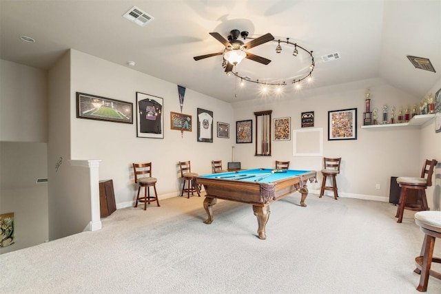 game room with pool table, baseboards, light carpet, and visible vents