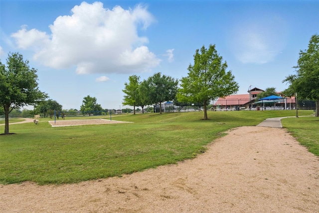 view of community featuring a yard and volleyball court
