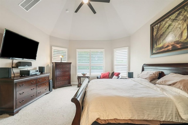 bedroom featuring high vaulted ceiling, visible vents, a ceiling fan, and light colored carpet