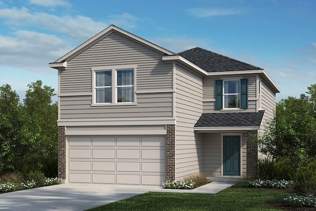 traditional home featuring concrete driveway, brick siding, an attached garage, and a shingled roof