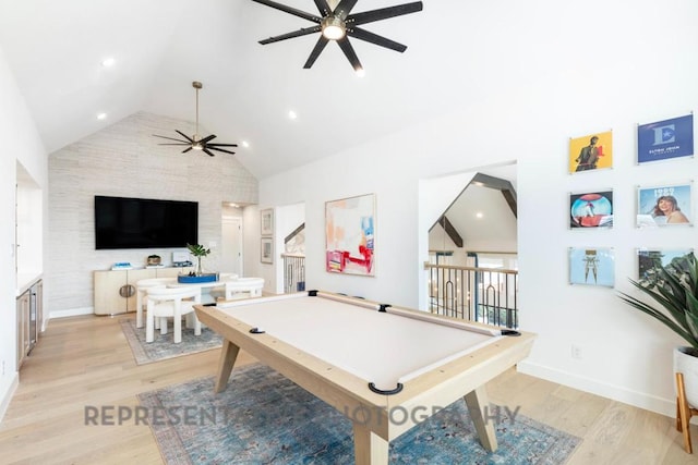 recreation room with pool table, ceiling fan, and baseboards