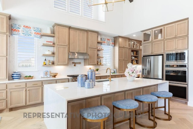 kitchen featuring open shelves, appliances with stainless steel finishes, a sink, light countertops, and under cabinet range hood