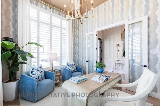 dining area with an inviting chandelier