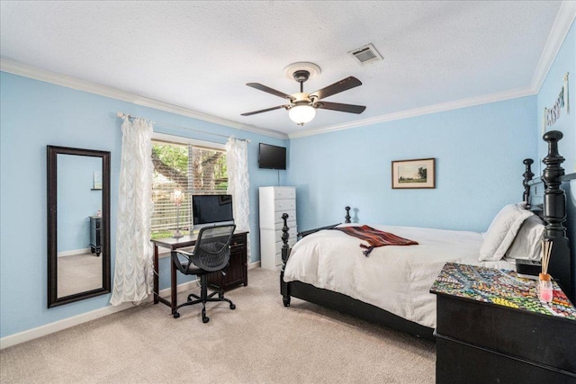 10601 Spicewood Pkwy, Austin, TX 78750 - bedroom featuring carpet, ornamental molding, baseboards, a textured ceiling, and ceiling fan