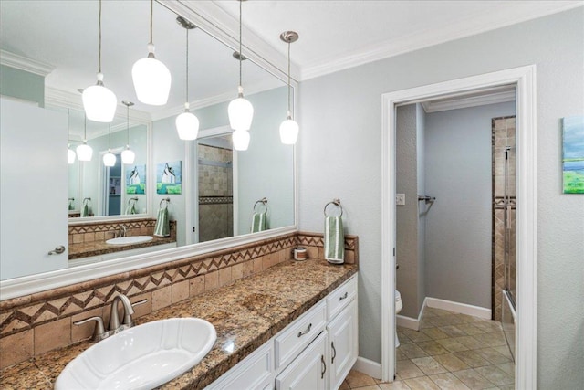 10601 Spicewood Pkwy, Austin, TX 78750 - full bathroom with toilet, tasteful backsplash, crown molding, a stall shower, and vanity