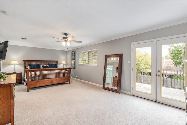 carpeted bedroom featuring french doors, visible vents, crown molding, access to exterior, and baseboards