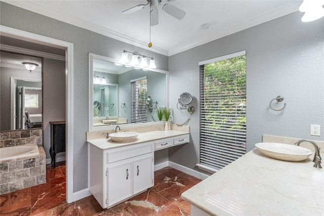 bathroom with baseboards, a sink, marble finish floor, and crown molding