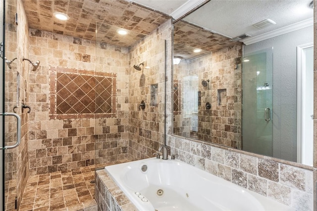 bathroom with visible vents, a stall shower, a tub with jets, ornamental molding, and recessed lighting